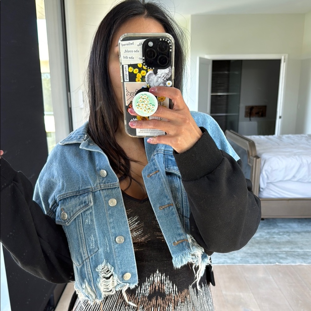 Signature Blue Denim Jacket with Black Sleeves